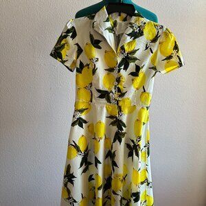 Vintage Lemon Print 1950s Swing Dress Size S MISSING BELT